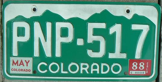 Former normal series (1977 - 1999), Rocky Mountains silhouette, 3 letters-3 numerals in 1982-92, PNP = Arapahoe county (Littleton)