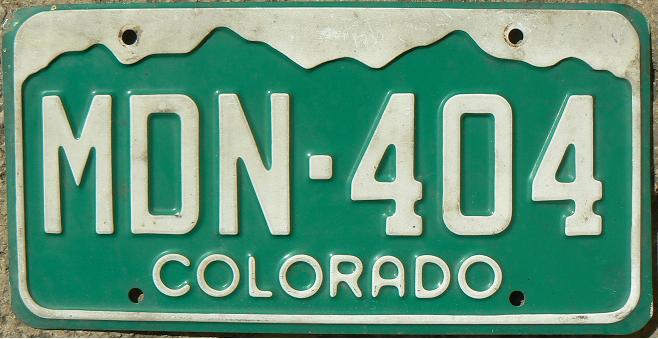 Former normal series (1977 - 1999), Rocky Mountains silhouette, 3 letters-3 numerals in 1982-92, MDN = Boulder county (Boulder)
