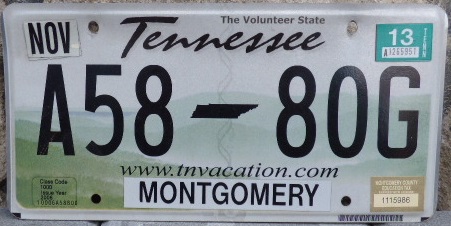 Current normal series (2006 - ), 2011 - 2016 one letter, two numerals, the hyphen, two numerals and one letter;   at the same time the website address www.tnvacation.com was added above the county name. Montgomery county (Clarksville)