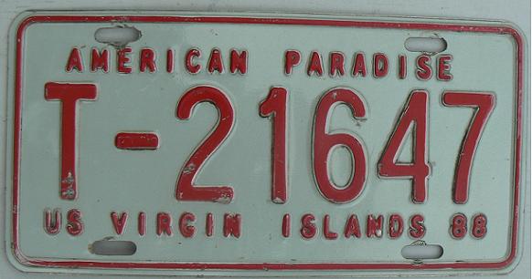 Old normal series (1988 - 1993), maroon on white = private cars, T = St. Thomas