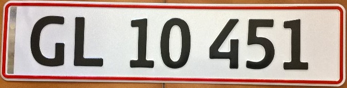 Current normal series (1976 - ), Since 2016 the registration comprises the letters GL and two numerals (no longer indicating the municipality and probably issued sequentially from 10), followed by three numerals issued in blocks 120 - 800 all vehicles except motorcycles and trade plates, 1 line plate