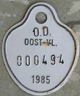 Old moped / bicycle plate (varying annually in both shape and colour), 1985 issue, OOST-VL = Vlaanderen, east