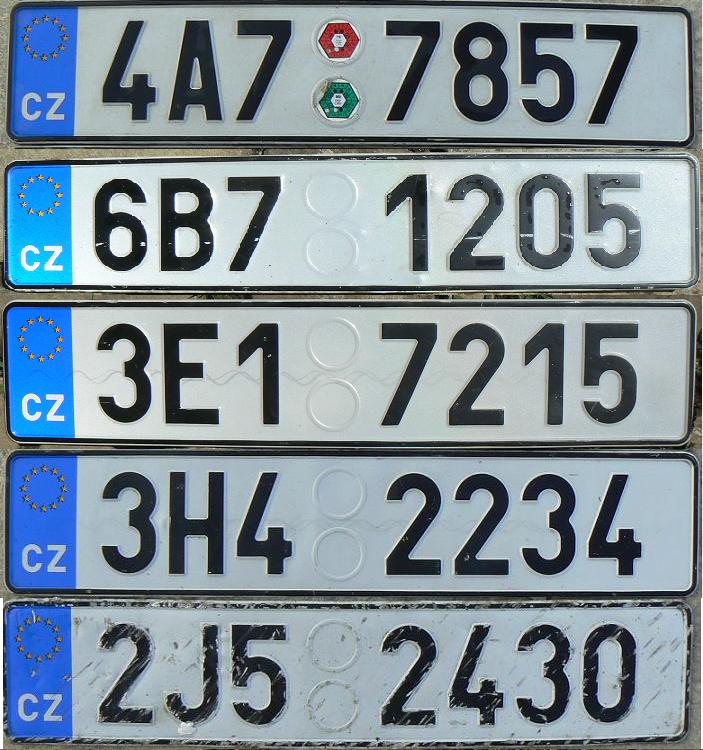 Current normal series (2001 up), Euroband since mid-2004  A = Prague city, B = Jihomoravský kraj (Brno), E = Pardubický kraj (Pardubice), H = Královéhradecký kraj (Hradec Králové), J = Kraj Vysočina (Highlands region, Jihlava)