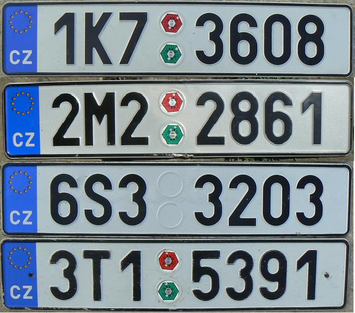 Current normal series (2001 up), Euroband since mid-2004  K = Karlovarský kraj (Carlsbad region), M = Olomoucký kraj (Olomouc), S = Středočeský kraj (Central Bohemia, Prague), T = Moravskoslezský kraj (Moravia and Silesia, Ostrava)