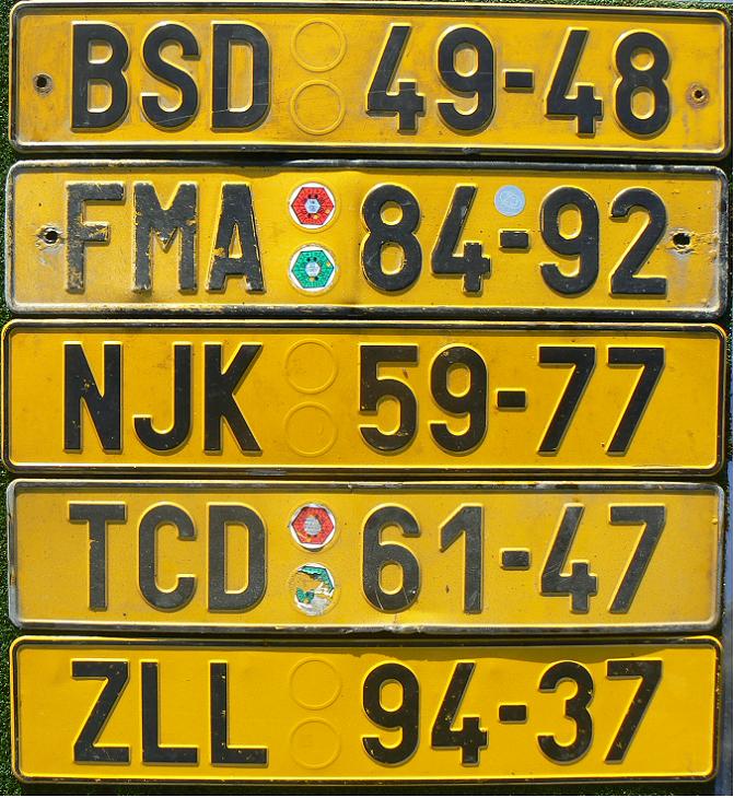 Former normal series (1994 - 2001), black on reflective yellow = commercial vehicles, BS = Brno town, FM = Frýdek-Místek, NJ = Nový Jičín, TC = Tachov, ZL = Zlín