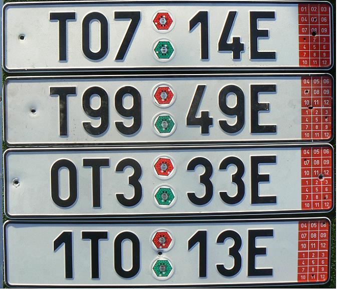 Current temporary plates used for vehicles leaving the country forever - export plates (ca.2003 up)  T = Moravskoslezský kraj (Moravia and Silesia), E = export, expiry date at right (last two digits of the year above the month)