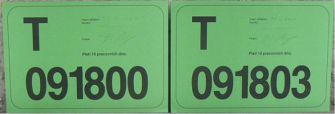 Current temporary plates (ca.2003 up), T = Moravskoslezský kraj (Moravia and Silesia)