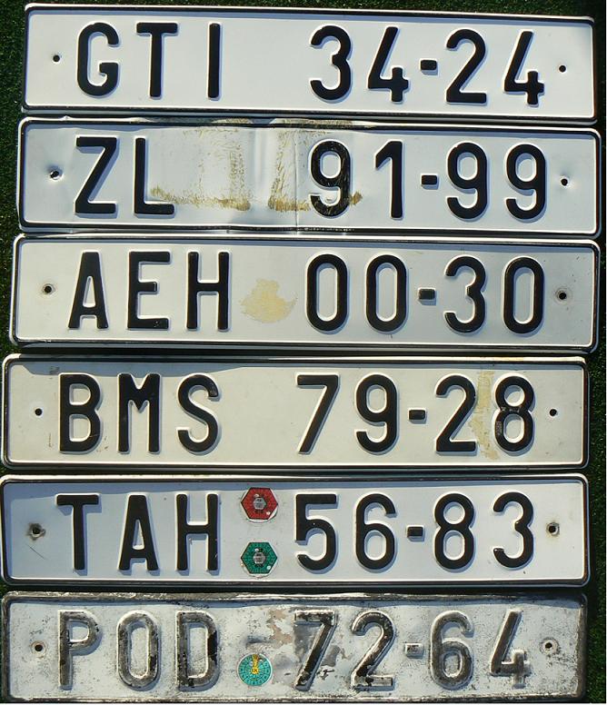 Former normal series (1960 - 1994), 1986 design GT = Gottwaldov (-1990), ZL = Zlín (1990-), AE = Prague city, BM = Brno town, TA = Tábor, PO = Prešov (Slovakia)