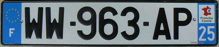 Current trade and provisional series (2009 - ), WW = provisional plate, valid for two weeks, for vehicles awaiting normal registrations, 25 = Doubs (Besançon)