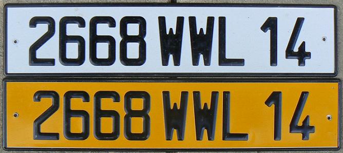 Former trade and provisional series (1958-2009 ), WWL = provisional plate, valid for two weeks, for vehicles awaiting normal registrations, 14 = Calvados (Caen)