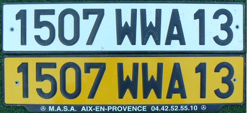 Former trade and provisional series (1958-2009), WWA = provisional plate, valid for two weeks, for vehicles awaiting normal registrations, 13 = Bouches-du-Rhône  (Marseille)