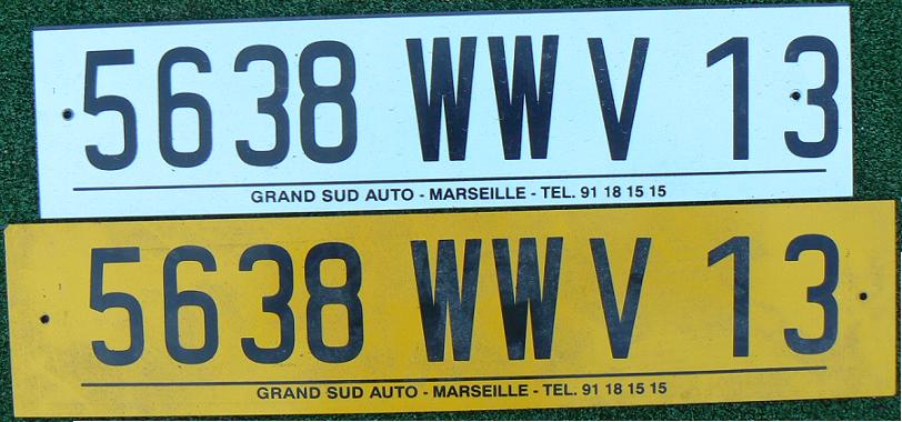Former trade and provisional series (1958-2009), WWV = provisional plate, valid for two weeks, for vehicles awaiting normal registrations, 13 = Bouches-du-Rhône  (Marseille)