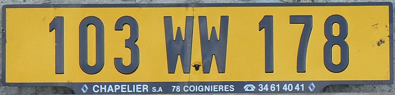 Former trade and provisional series (1958-2009), WW1 = vehicles, if in cab and chassis form, which will be travelling outside France to have the bodywork completed, 78 = Yvelines (Versailles)
