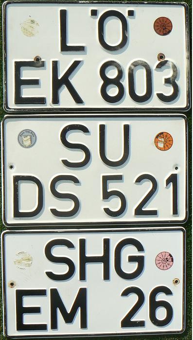  Former normal series (1956 - 1994), rear plates (normal "big" size)  LÖ = Lörrach, SU = Rhein-Sieg Kreis (Siegburg), SHG = Schaumburg (Stadthagen, 1978-)