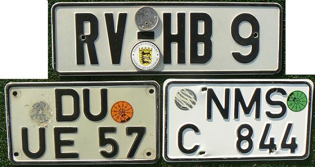  Former normal series (1956 - 1994), non-standard size and small rear plates (small motorcycle, tractor, etc.)  RV = Ravensburg, DU = Duisburg, NMS = Neumünster