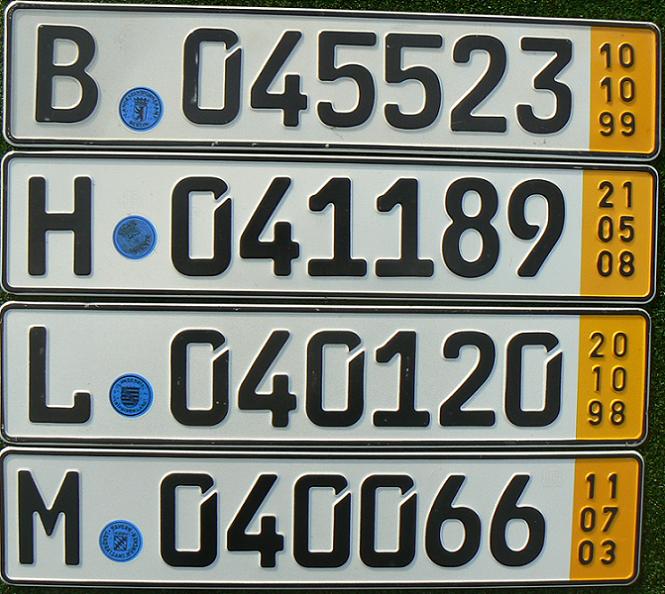 Current provisional plates (1998- ), short term (validity 5 days), serial number commencing with 04 or 03 (since March 2007)  B = Berlin, H = Hannover, L = Leipzig, M = München