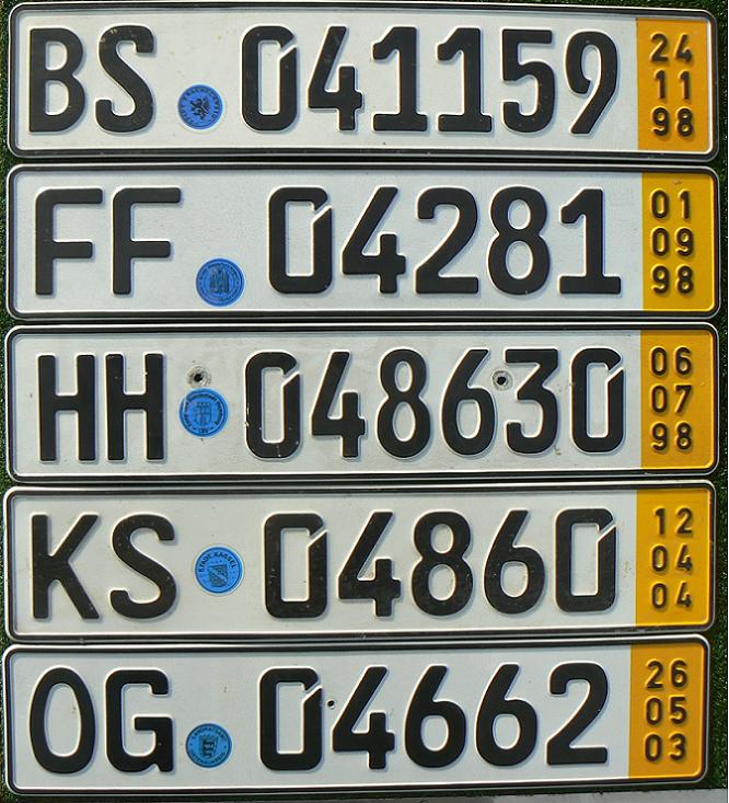 Current provisional plates (1998- ), short term (validity 5 days), serial number commencing with 04 or 03 (since March 2007)  BS = Braunschweig, FF = Frankfurt an der Oder, HH = Hansestadt Hamburg, KS = Kassel, OG = Offenburg