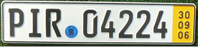 Current provisional plates (1998- ), short term (validity 5 days), serial number commencing with 04 or 03 (since March 2007)  PIR = Sächsische Schweiz (Pirna)