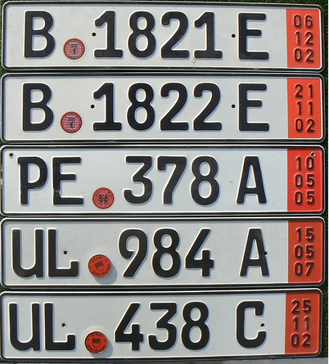  Current temporary series (1989-), 2000 style (full date at right), export plates  B = Berlin, PE = Peine, UL = Ulm