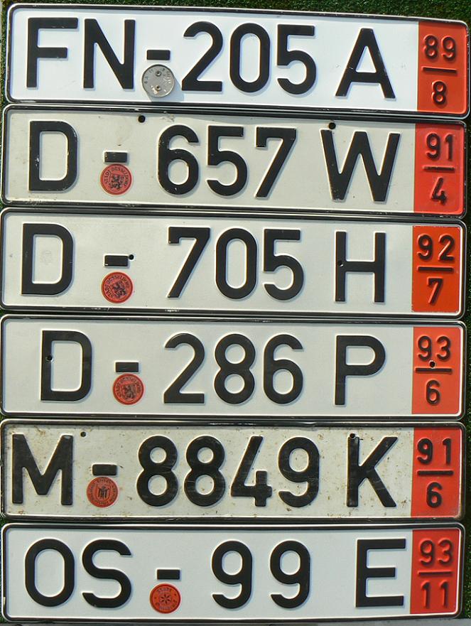  Current temporary series (1989-), original 1989 style, export plates  FN = Friedrichshafen, D = Düsseldorf, M = München, OS = Osnabrück