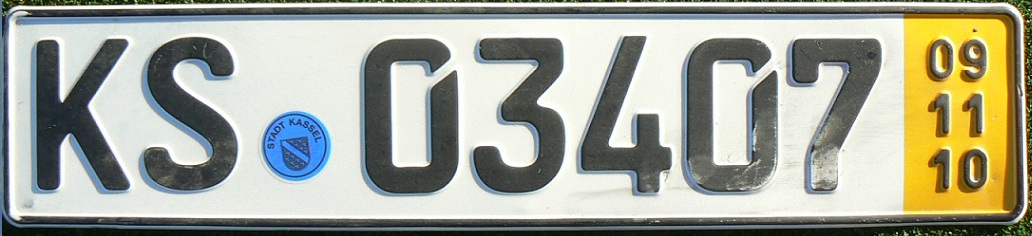 Current provisional plates (1998- ), short term (validity 5 days), serial number commencing with 04 or 03 (since March 2007)  KS = Kassel