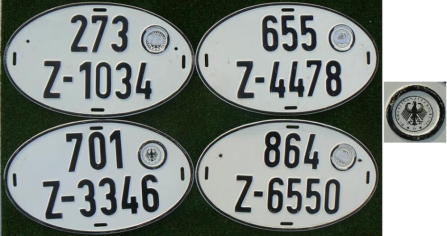 Old temporary series (1951 - 1988), export / import "Zoll" (customs) plates, Z = Zoll  273 = Frankfurt Gutleutstrasse, 655 = Augsburg, 701 = Bielefeld, 864 = Stuttgart-Ost