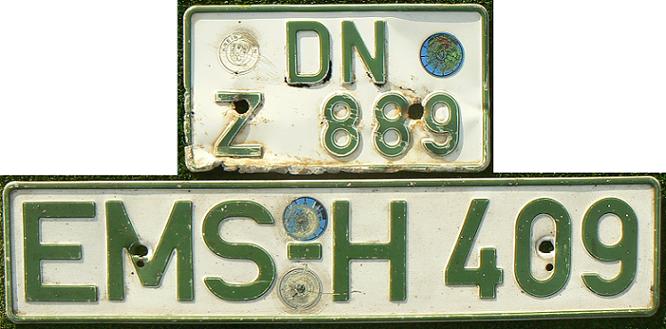 Former normal series (1956 - 2000), green on white = vehicles paying no road taxes  DN = Düren (plate for agricultural tractor), EMS = Bad Ems / Lahnstein
