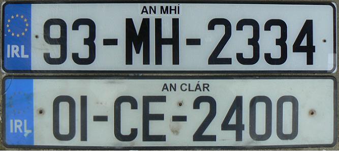 Current normal series (1987/1991 - ), the Euroband since 1991 - the first country to use this symbol  93 = 1993 (year of first registration) / 01 = 2001, MH = Meath (An Mhí in Gaelic), CE = Clare (An Clár)