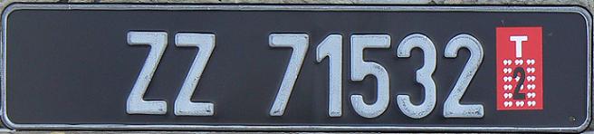 Current temporary series (1925/1993 - ), ZZ = temporary registration, validation sticker used since 1993, in this case month of expiry February 1999
