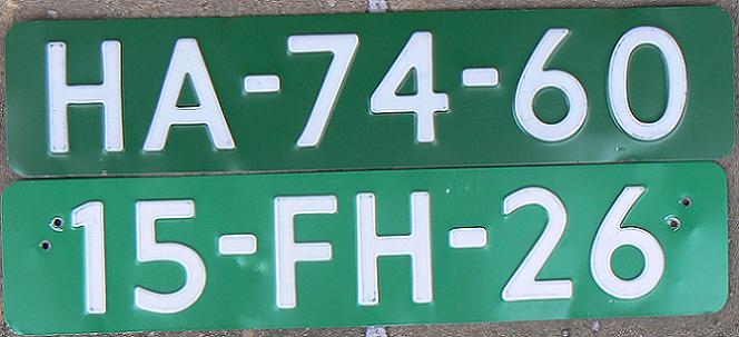 Old trade / dealer plates (ca.1977 - 1991/2000 white on green), HA = trade plate issued about 1993, FH = dealer plate issued about 1985
