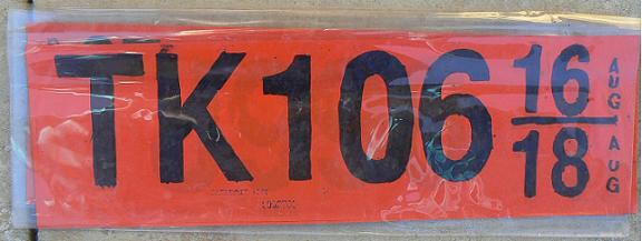 Current provisional plate (1990 - ), adhesive, TK = Voss, at right: dates of validity (the day and the month)