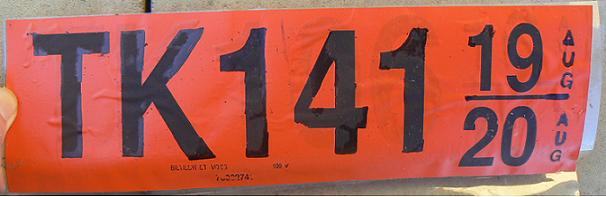 Current provisional plate (1990 - ), adhesive, TK = Voss, at right: dates of validity (the day and the month)