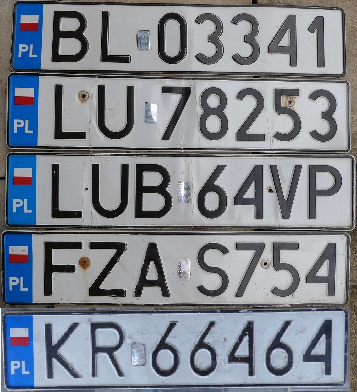 Current series (2000 - 2006 - without Euroband), B = Podlasie province L = Lomza town, L = Lublin province U = Lublin town,  L = Lublin province UB = Lublin district, F = Lubuskie province ZA = Zary, K = Malopolska province R = Kraków