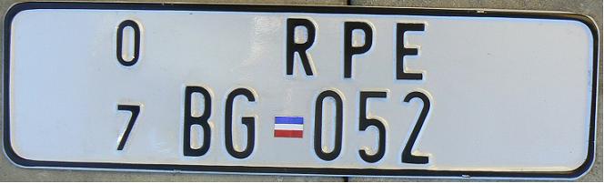 Former temporary / export plate (1998 - ), RPE = Temporary registered for export, 07 = 2007, BG = Beograd
