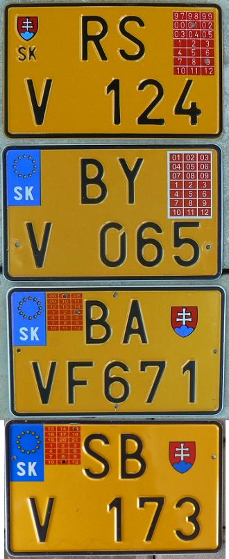 Temporary plates, V = vývoz (export), expiry date = punched holes in the red calendar, for vehicles leaving the country forever  RS = Rimavská Sobota (original 1997 design), BY = Bytča (2004 design), BA = Bratislava, SB = Sabinov (current 2006 design)