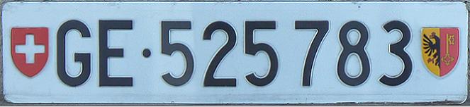 Current normal series (1932 - , rectangular rear plate since late 1987), GE = Genève (Geneva)