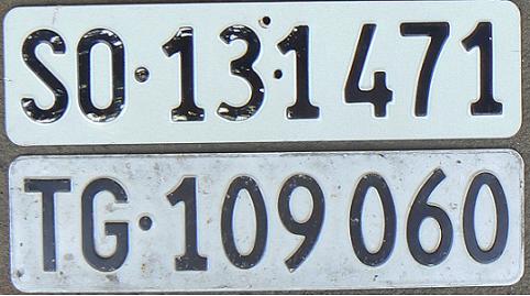 Current normal series (1932 - , current size of front plates since 1973), SO = Solothurn canton (Solothurn), TG = Thurgau canton (Frauenfeld)