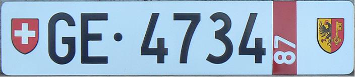 Current temporary series (1960 - ), rectangular rear plate since late 1987, GE = Genève (Geneva), year of expiry 1987