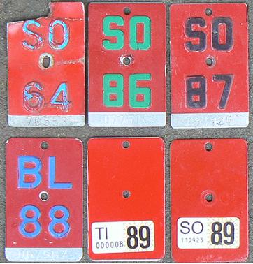 Former and current bicycle plates, SO = Solothurn (the year of validity 1964, 1986, 1987, 1989), BL = Basel Land (1988), TI = Ticino (1989)