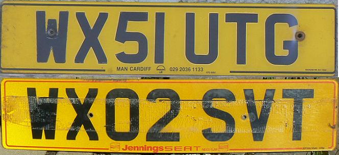 Current normal series (2001 - ), WX = West of England region, Bristol office, 51 = registered in September 2001-February 2002, 02 = registered in March 2002-August 2002 According to the dealer's post code at the bottom of the "51" plate - CF3 8EU - the location of this plate origin is Cardiff, Wales, "02" plate - NE61 6JW - the location is Newcastle upon Tyne, England (Northumberland / North East region)