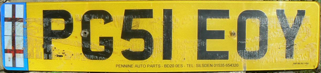 Current normal series (2001 - ), PG = Preston region, Preston office, 51 = registered in September 2001-February 2002 According to the dealer's post code at the bottom of the plate - BD20 0ES - the location of this plate origin is Bradford - Keighley, England (West Yorkshire)