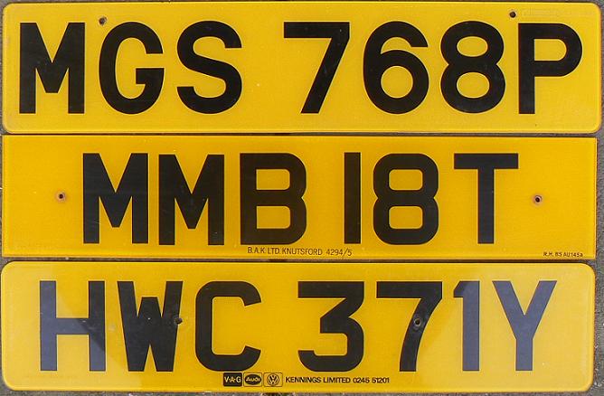 Former normal series (1963 - 1983), black on yellow = rear plates, GS = Luton, MB = Chester, WC = Chelmsford, registered in Aug 75-July 76 (P), Aug 78-July 79 (T), Aug 82-July 83 (Y)