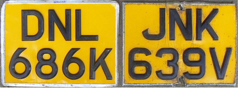 Former normal series (1963 - 1983), black on yellow = rear plates, NL = Northumberland (1921-74), NK = Luton, registered in Aug 71-July 72 (K), Aug 79-July 80 (V)