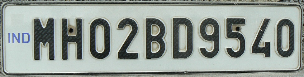 Current normal series (2002 up), black on white = privately used vehicle, MH = Maharashtra State (Bombay), 02 = Bombay West - district