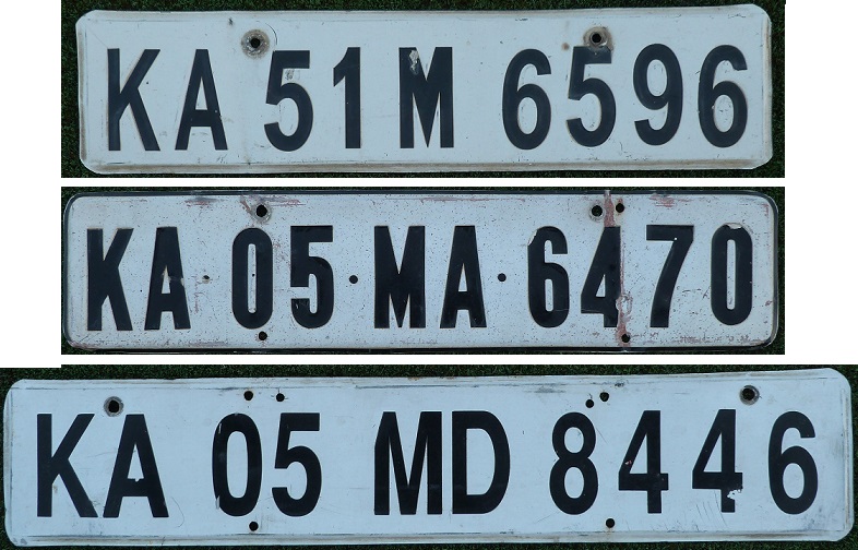 Current normal series (2002 up), black on white = privately used vehicle, KA = Karnataka State (Bangalore),  51 = Banneraghatta, 05 = Bangalore-Jayanagar district,  M = private car