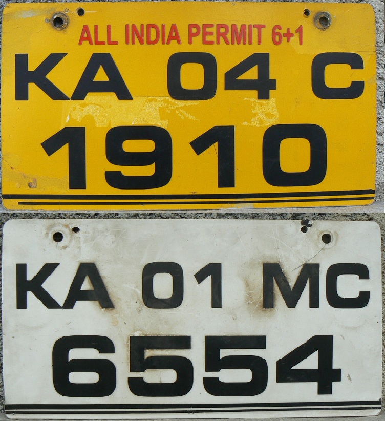 Current normal series (2002 up), black on yellow = comercially used vehicle, KA = Karnataka State (Bangalore), 04 = Bangalore-Yeshwanthpur district,  C = commercial vehicle  ALL INDIA PERMIT - car is permitted to be used for business in all states, 6 passengers + 1 driver  Current normal series (2002 up), black on white = privately used vehicle, KA = Karnataka State (Bangalore), 01 = Bangalore-Koramangala district,  M = private car  (this is double sided plate, commercial plate is front side and privately used plate is rear side of the plate)