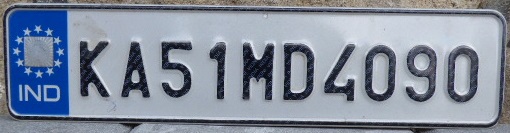 Current normal series (2002 up), black on white = privately used vehicle, KA = Karnataka State (Bangalore), 51 = Bannerghatta, M = private car