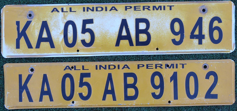 Current normal series (2002 up), black on yellow = comercially used vehicle, KA = Karnataka State (Bangalore), 05 = Bangalore-Jayanagar district, A = commercial vehicle  ALL INDIA PERMIT - car is permitted to be used for business in all states