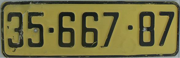 Former normal series (1980 - 1989), original style, 3 (first digit) = Tel Aviv, Central districts, 5-6 (second and third digit) = private cars, 87 (final two digits) = 1987
